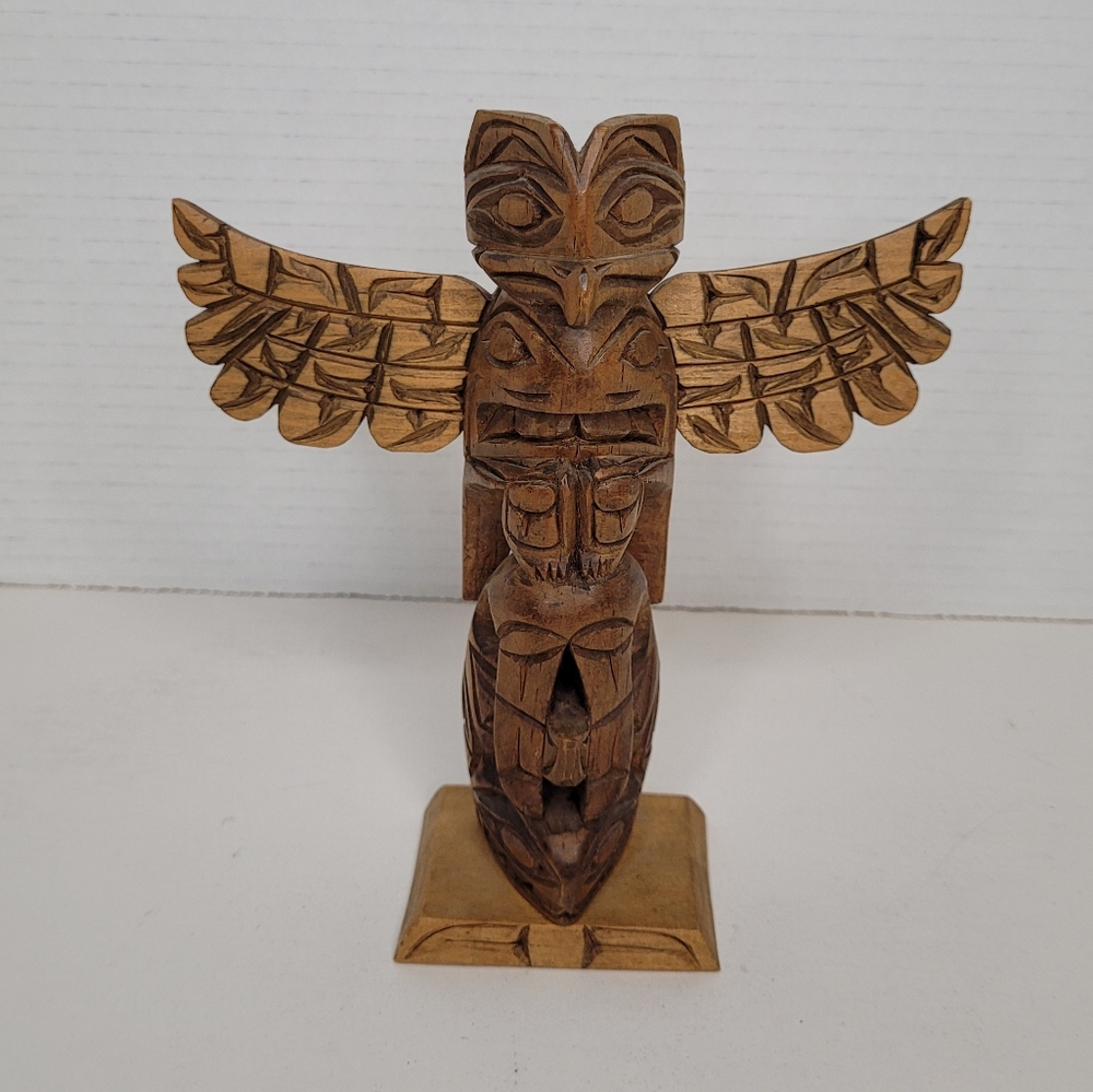 Handcrafted Vintage Wooden Totem Sculpture with Wings Signed